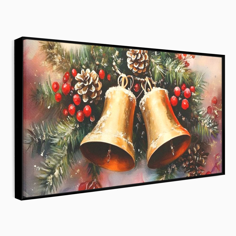 Tablou canvas cu tablou canvas cu clopotei aurii si conuri, in rama de aluminiu negru